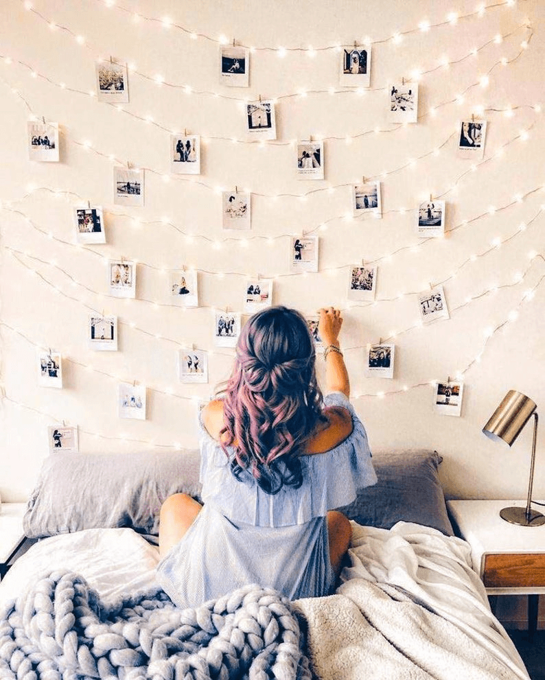 string lights wall decor with picture clips
