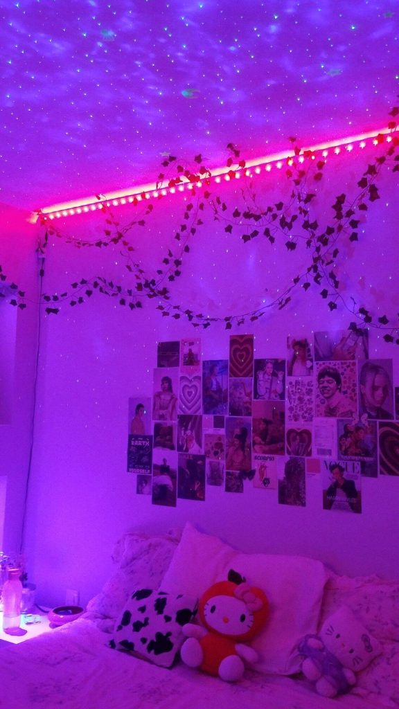 pink aesthetic room with galaxy lights