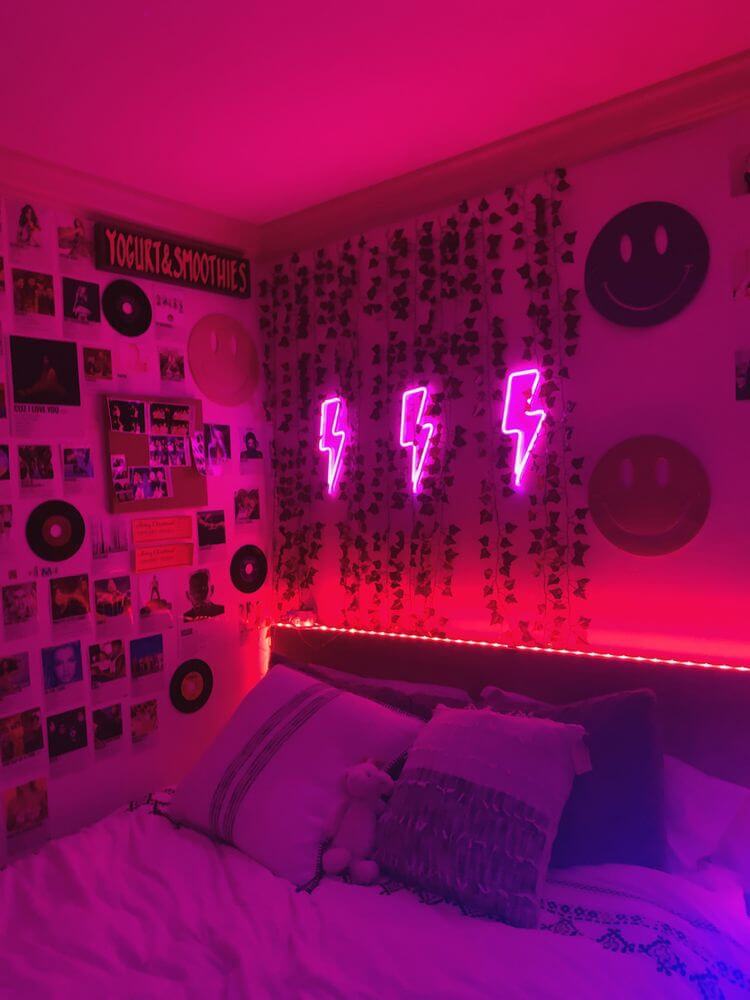 room aesthetic with neon lights and vines