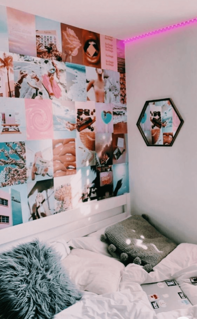 bedroom with picture collage and neon pink led lights