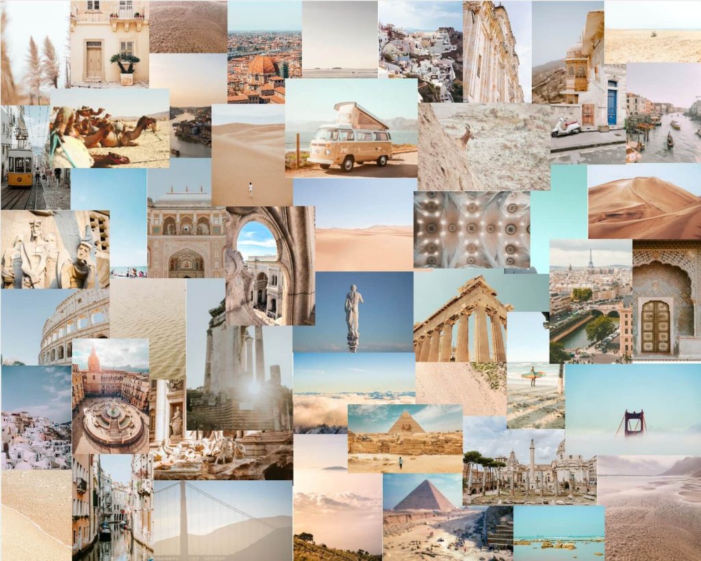 wall photo collage with travel theme