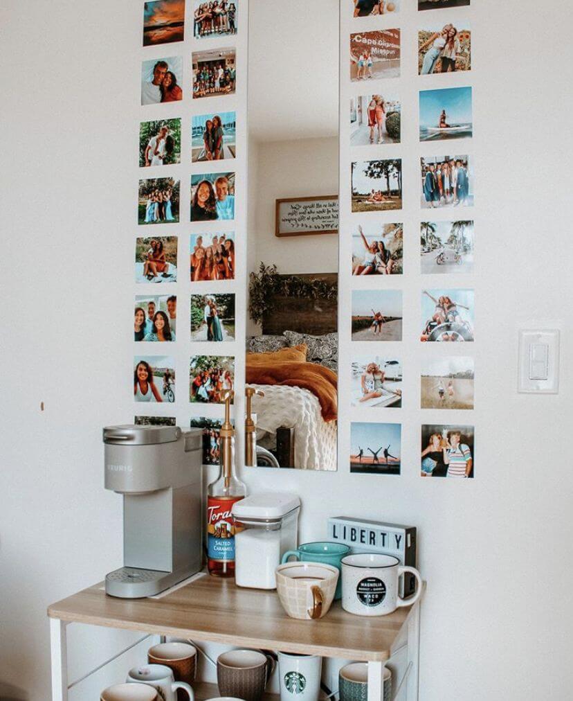 dorm wall picture collage and coffee station