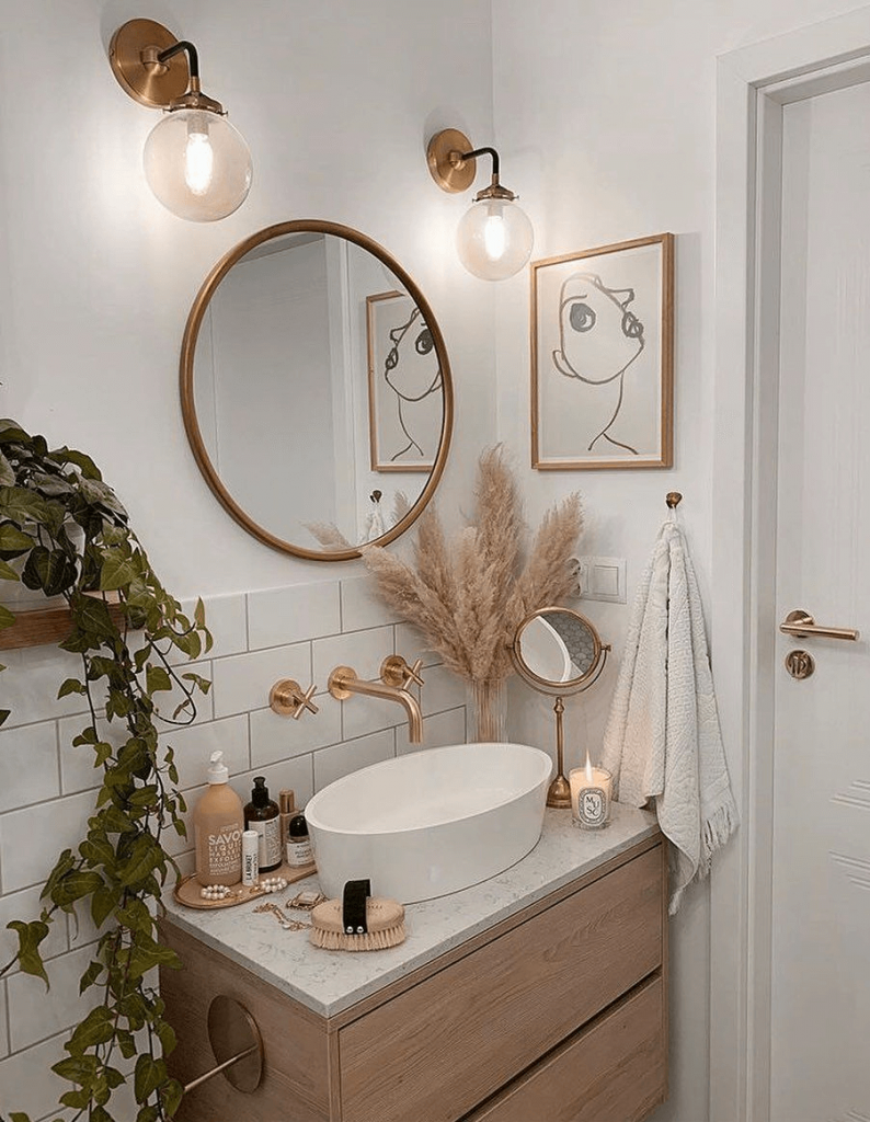 vines and gold in small bathroom