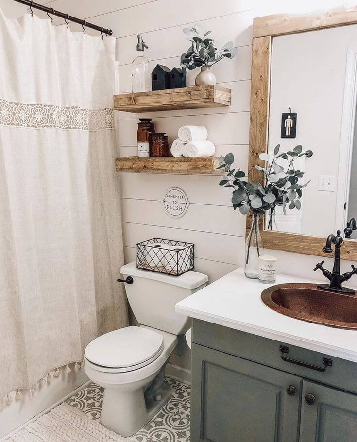 small farmhouse bathroom with neutral colors