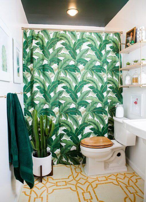 green tropical leaf print shower curtain