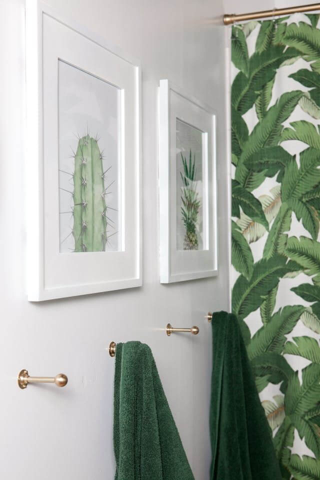 cacti print frames in green themed bathroom