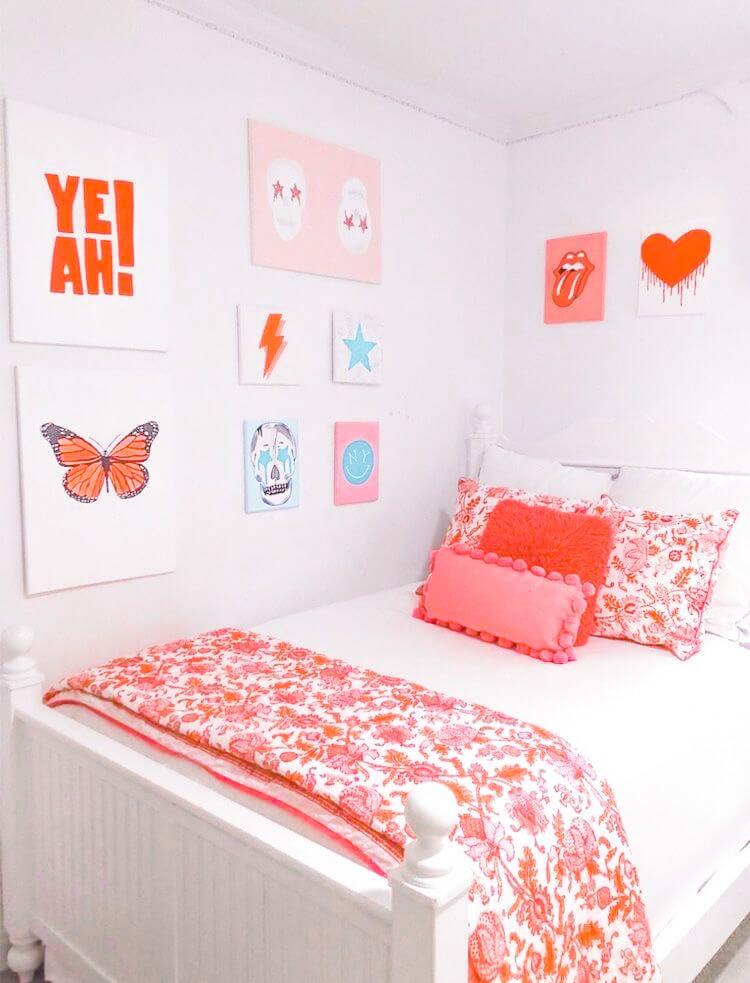 college dorm with preppy bedding and wall decor