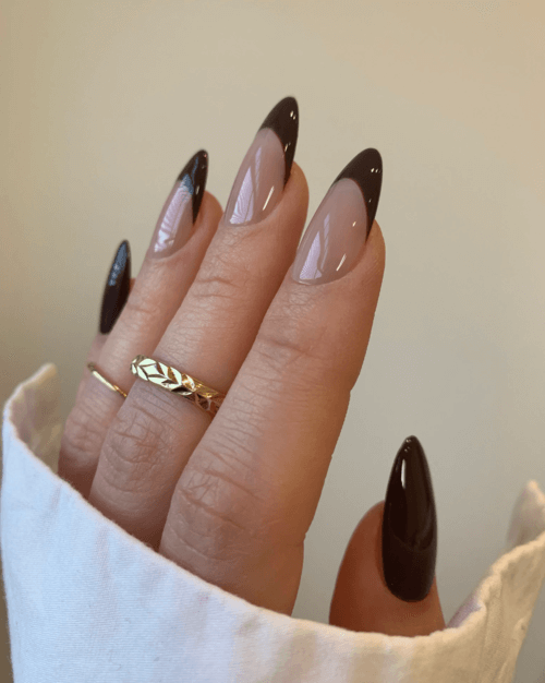 almond french tip brown nails