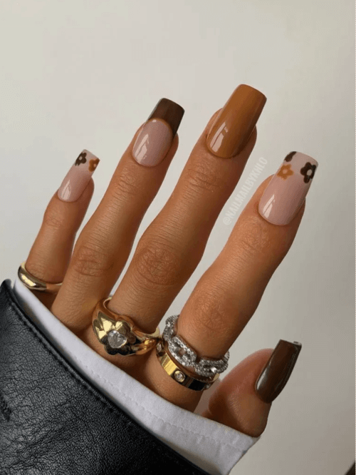 brown nails with flowers