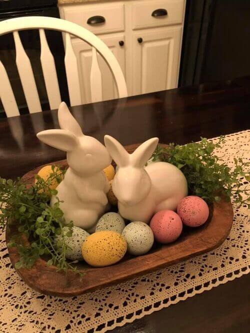 easter decor with eggs and bunny
