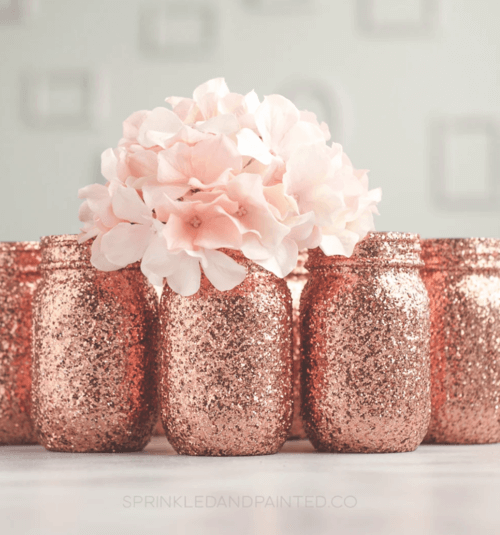 rose gold glitter mason jar centerpiece