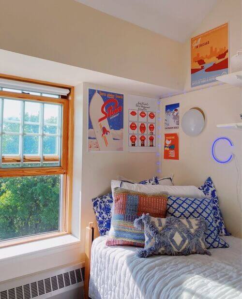 blue and orange color scheme dorm