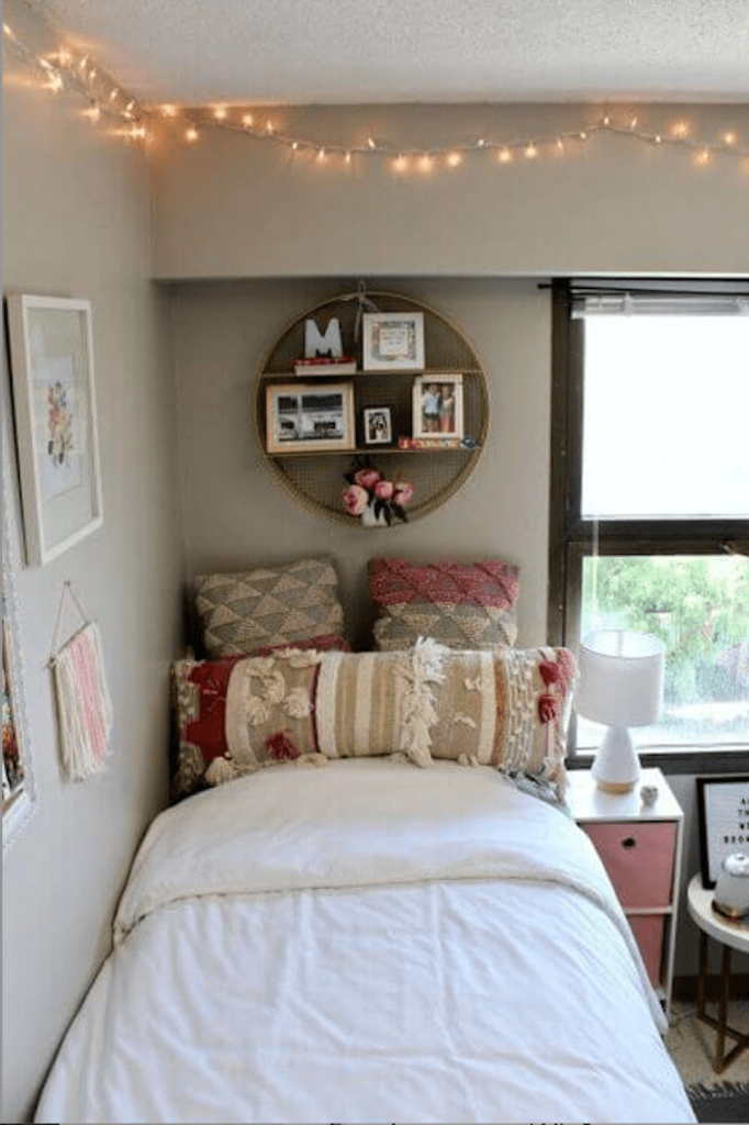 neutral bohemian dorm room