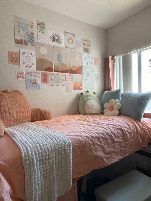 peachy pink and muted blue dorm