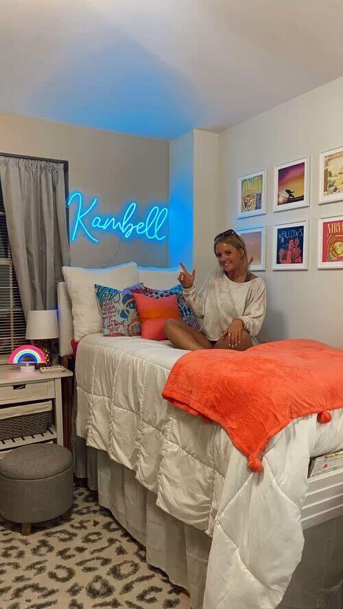 preppy pink blue and white dorm room