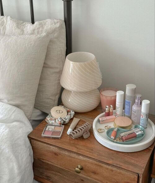 bedside table decor with skincare