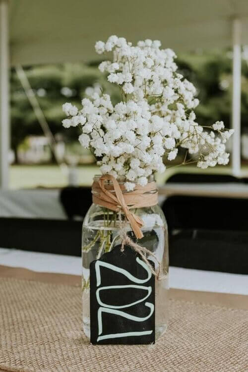 mason jar centerpiece with year tag