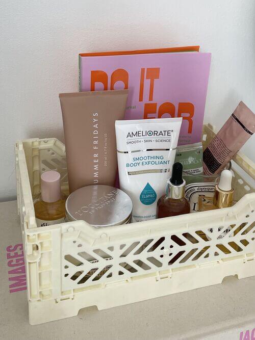 skin care essentials bedside table