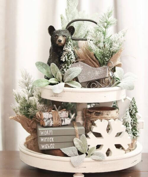 winter tiered tray decor