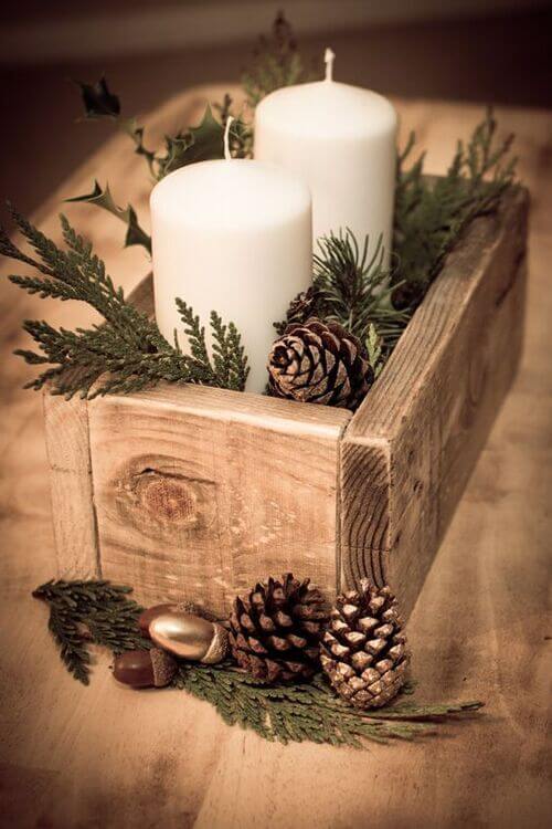 wood box centerpiece for the holidays