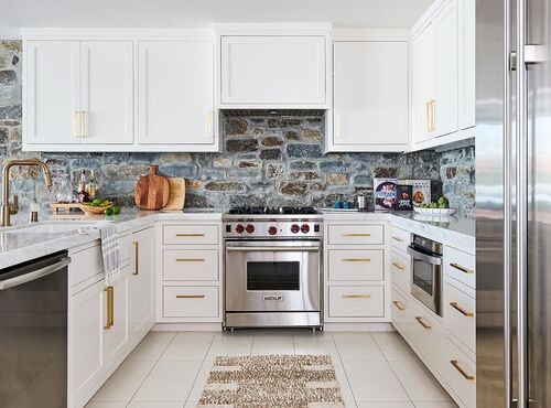 kitchen with stone wall