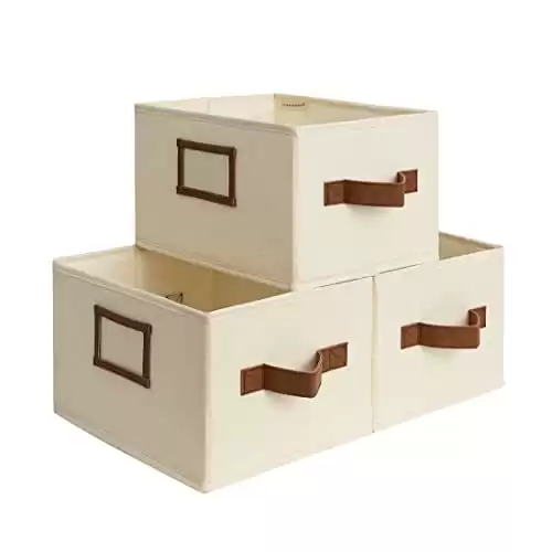 StorageWorks Decorative Storage Bins for Shelves, Bathroom Storage Baskets with PU Handles, Hand Wash, Canvas, Ivory White, 3-Pack