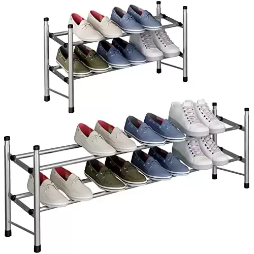 TZAMLI 2-Tier Free Standing Shoe Rack Metal Iron of Expandable and Adjustable Shoes Organizer, Stackable Shoe Shelf for Closet Entryway, 24.41" x 8.66" x 13.78" (Silver Gray, 2-Tier)
