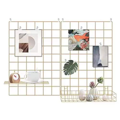 BULYZER Grid Wire Board,for Memo Picture Panel Wall Decoration for Room Office Mat Photo Hanging Art Display Frames Desk Storage Organizer,17.3" x 11.8"(2Pack) (Gold)