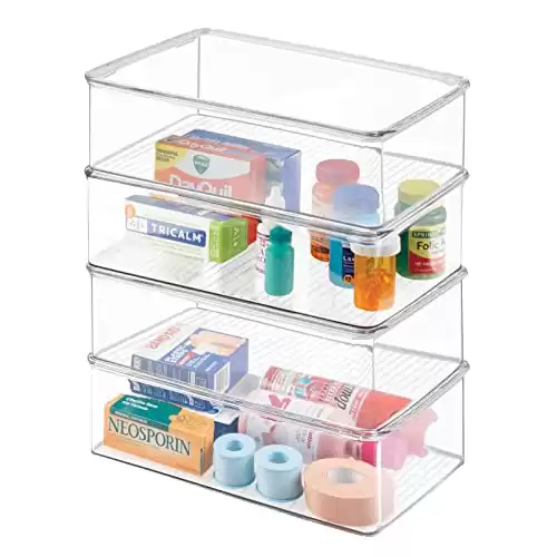 mDesign Plastic Bathroom Storage Organizer Box w/Hinge Lid for Closet Shelves, Cupboards, Holds Medicine, First Aid, Lotion, Cotton Swabs, Masks, and Styling Tools, Ligne Collection, 4 Pack, Clear