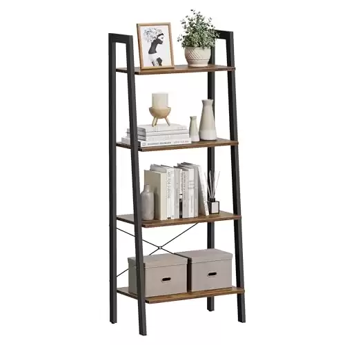 VASAGLE Ladder Shelf, 4-Tier Bookshelf, Storage Rack, Bookcase with Steel Frame, for Living Room, Home Office, Kitchen, Bedroom, Industrial Style, Rustic Brown and Black ULLS44X