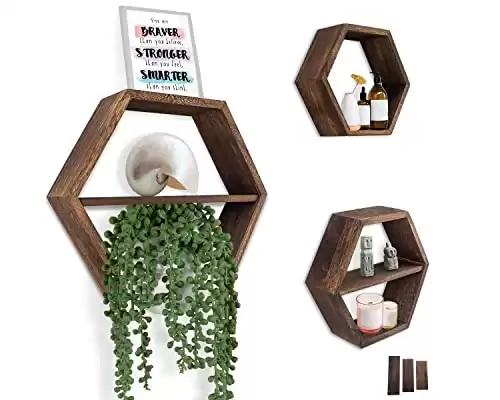Comfify Rustic Wall Mounted Hexagonal Floating Shelves – Set of 3 Honeycomb Shelves – Screws and Anchors Included - Farmhouse Decor – Honeycomb Wall Décor - Rustic Brown