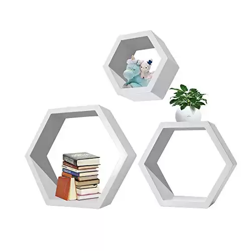 NICECHOOSE Hexagonal Shelves, 3Pcs Wall Mounted Shelf Floating Shelves Wood Storage Rack Display for Home Bedroom Kids Room Decor - White