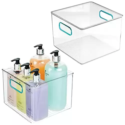 mDesign Plastic Storage Bin with Handles for Organizing Hand Soaps, Body Wash, Shampoos, Lotion, Conditioners, Hand Towels, Hair Accessories, Body Spray, Mouthwash - 8" Square, 2 Pack - Clear/Blu...