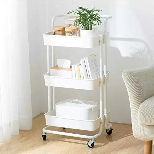 Micoe Utility Carts with Wheels, Practical Handle and ABS Storage Basket, 3 Tier Rolling Cart Organizer, White, H-T001W