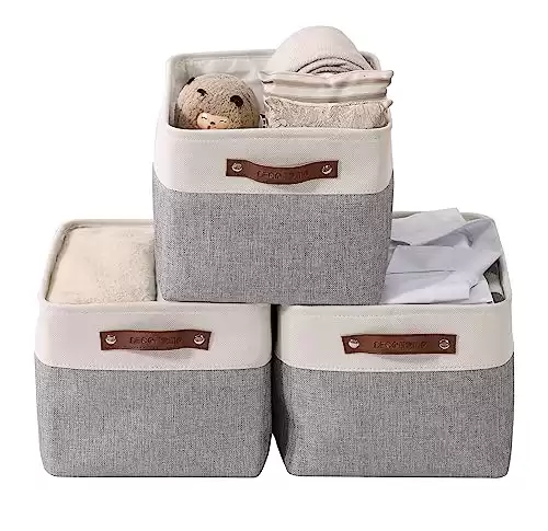 DECOMOMO Storage Bins | Fabric Storage Basket for Shelves for Organizing Closet Shelf Nursery Toy | Decorative Large Linen Closet Organizer Bins with Handles (Grey and White, Large - 3 Pack)