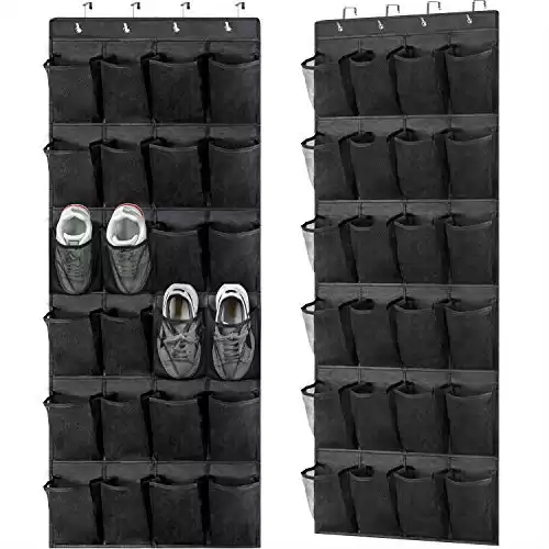 2 Pack Over the Door Shoe Organizers,Hanging Shoe Holder with 24 Durable Large Thickened Mesh Pockets,8 Hooks Mesh Shoe Storage Rack Organizer for Closet Bathroom Bedroom Pantry（59 x 21.6 inch,Black...