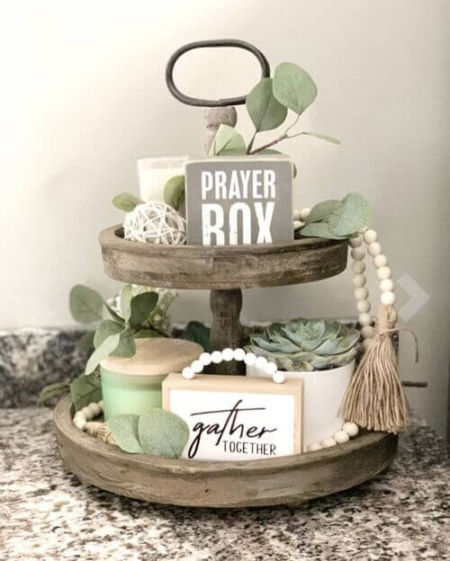 sage green tiered tray decor