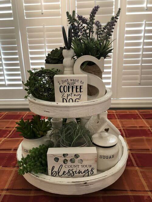 simple rustic tiered tray decor