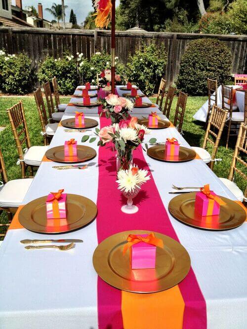 bright pink and orange bridal shower table