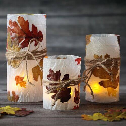 Fall decor ideas paper mache candle with leaves