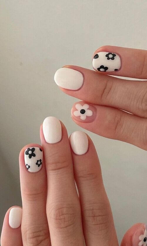 black white flower nails