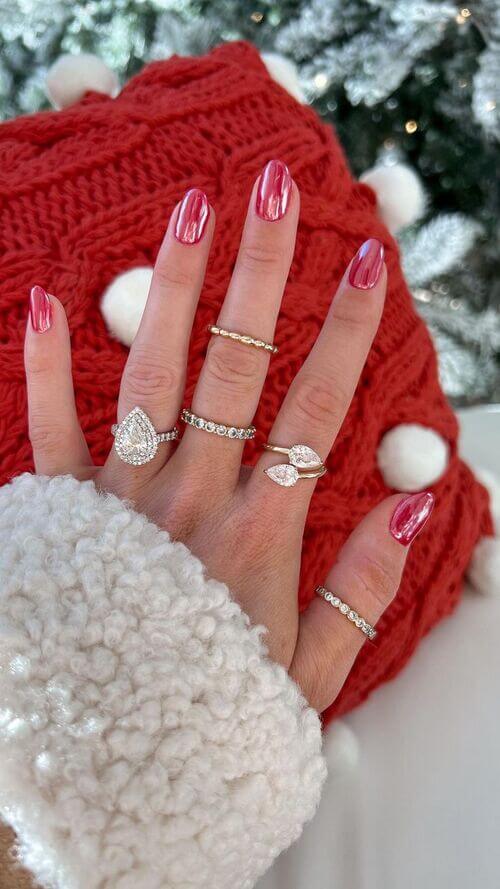 chrome glitter red nails