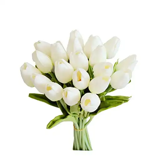 Mandy's 20pcs White Flowers Artificial Tulip Silk Fake Flowers 13.5" for Mother's Day Easter Valentine’s Day Gifts in Bulk Home kitchen Wedding Decorations