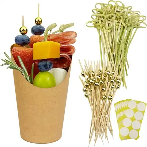 CAMKYDE 50 Charcuterie Cups + 200 Cocktail Picks + 56 Labels, 12 oz Disposable Charcuterie Cups with Sticks (2 Types), French Fry Cups Brown Paper Appetizer Cups for all Occasions