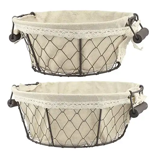 Stonebriar 2pc Round Metal Serving Basket Set with Decorative Fabric Lining, Rustic Serving Trays for Parties, Centerpiece for Coffee or Dining Table, Document Organizer for Office or Kitchen