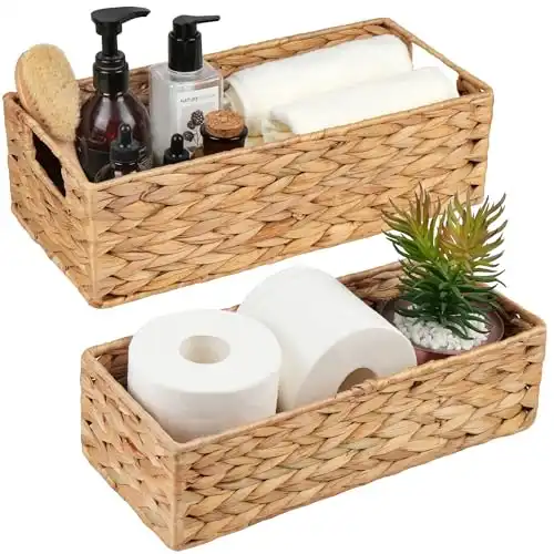 LotFancy Bathroom Basket, 2 Pack Water Hyacinth Toilet Paper Basket, Hand Woven Back of Toilet Organizer for Toilet Tank Top Countertop, Wicker Baskets for Shelves