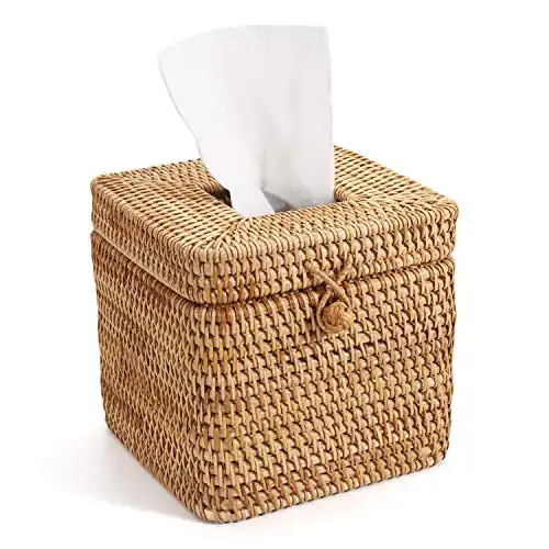 Rattan Square Tissue Box Cover, 5.7" x 5.7" x 5", Decorative Woven Facial Tissue Holder with Hinged Top Lid, Natural Color