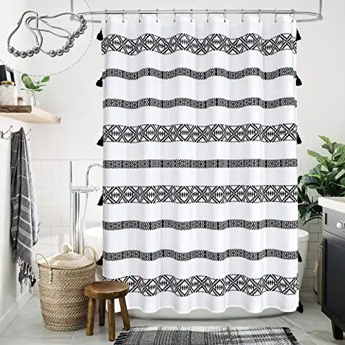 MitoVilla Black and White Boho Shower Curtain Set with Hooks, Modern Farmhouse Cloth Fabric Shower Curtains for Country Tribal Bathroom Decor, Heavy-duty & Waterproof, 72 x 72