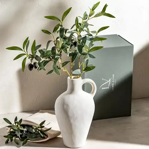 Luxurious Matte Textured 10 Inch Tall White Vase Set, Including 22 Inch Olive Branches for Vases, Medium Artificial Topiaries Fake Plants, Minimalist Shelf Decor, Neutral Home Office Desk Room Decor