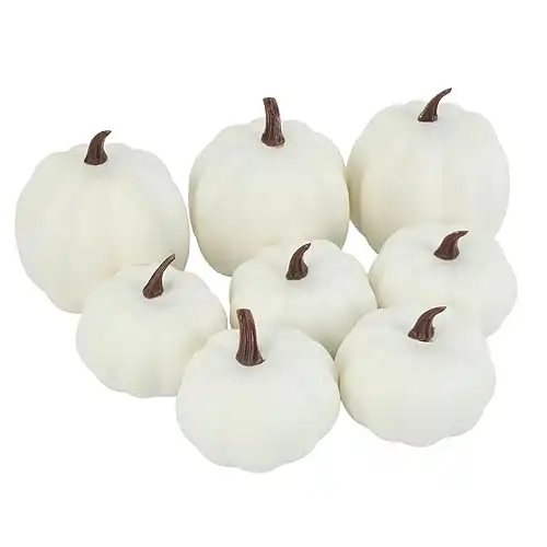 Fake Pumpkins, 8 Pcs White Artificial Pumpkins, Plastic Pumpkins for Halloween and Thanksgiving Party Table Centerpiece Autumn Home Decoration-A